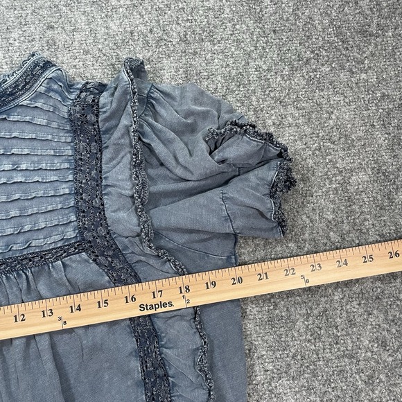 Free People Le Femme Ruffled Pintuck Top Blouse Med Blue Boho Babydoll Peasant - Picture 7 of 12